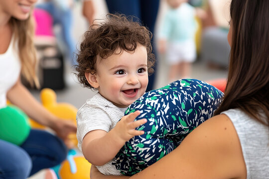 Happy toddler enjoys playful time at indoor nursery center