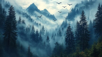 Silhouette of birds flying over pine forest. Beautiful landscape with cascade blue mountains at the morning. View of wilderness mountains during foggy weather