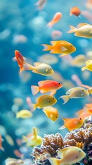 A school of tropical fish in a coral reef, captured in motion, with a soft, light background enhancing their natural beauty
