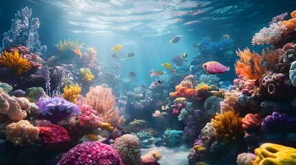Obraz premium A vibrant underwater scene showcasing a stunning reef barrier filled with colorful corals and diverse marine life