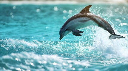 Obraz premium A playful dolphin leaping out of crystal-clear turquoise waters, with sunlit waves splashing around it, showcasing its grace and agility