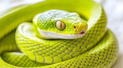 A close-up of a vibrant green snake coiled elegantly on a light background, showcasing its intricate scales and patterns