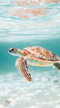 A serene image of a turtle swimming gracefully in clear water, with a soft light solid color background that emphasizes its shell patterns