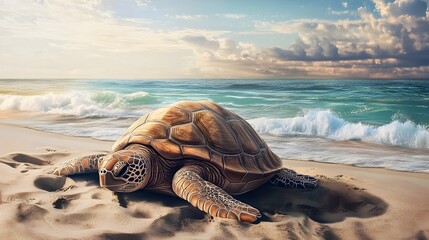 A realistic turtle resting on a sandy beach with gentle waves in the background, showcasing intricate shell patterns and textures