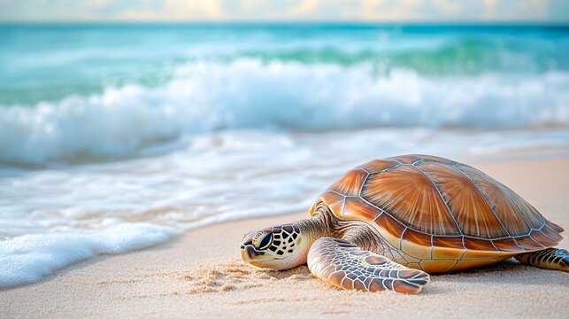 A realistic turtle resting on a sandy beach with gentle waves in the background, showcasing intricate shell patterns and textures