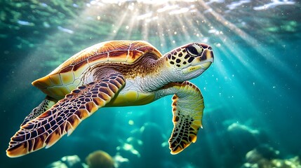 Fototapeta premium A close-up shot of a turtle swimming gracefully underwater, with sunlight filtering through the water and illuminating its vibrant colors