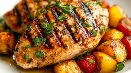 Juicy grilled chicken breast garnished with herbs sits on a plate alongside vibrant roasted vegetables, perfect for a nutritious lunch or dinner option