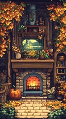 Obraz premium Cozy Fireplace Scene with Autumnal Decorations in Pixel Art Style.