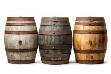 Fototapeta premium Rustic Wooden Oak Barrels Isolated on White Background