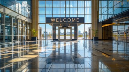 Modern building entrance with glass doors and a "Welcome" sign.