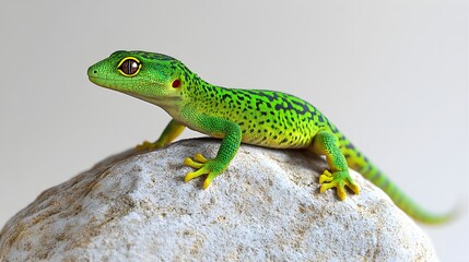 Fototapeta premium A close-up of a vibrant green gecko perched on a smooth rock, showcasing its intricate skin texture against a light solid color background