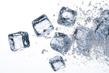 Obraz premium Flying Ice Cubes Suspended in Mid-Air on a White Background