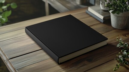 Fototapeta premium A blank black book cover resting on a wooden table with natural elements surrounding it
