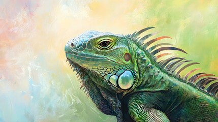 Fototapeta premium Realistic close-up of a green iguana basking in sunlight, showcasing its textured scales and vibrant colors against a soft pastel background