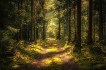 Obraz premium photo of forest path in a deep woods with tall trees, a dirt road, mossy ground, sun light