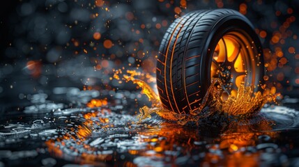 Bold promotional flyer showcasing a modern car wheel and disk on black background, complemented by engine oil splashes. Great for car tire advertisements with copy space.