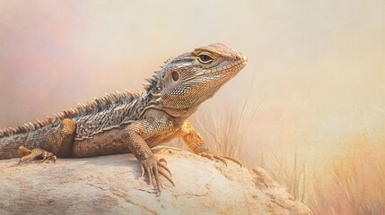 A dragon lizard basking under soft sunlight, with its textured skin glistening, set against a light pastel backdrop