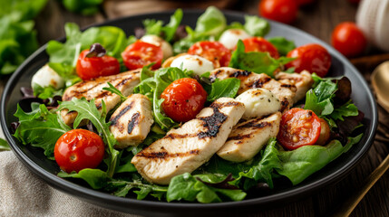 A fresh salad with grilled chicken, mozzarella cheese, and juicy cherry tomatoes.
