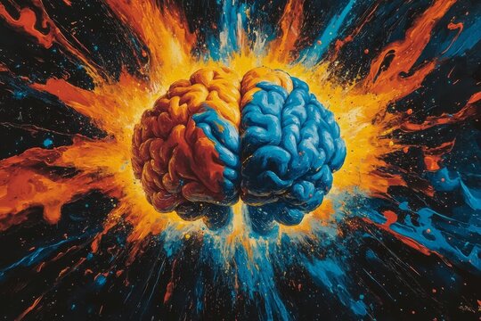 Cognitive functions electrochemical signals mental processing abstract art and intelligence flow half brain exploding in vibrant hues of blue and orange symbolizing cognitive bursts of energy