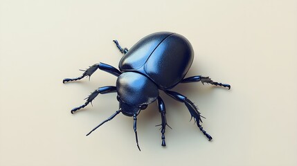 A realistic depiction of a shiny blue beetle crawling on a light solid color background,...