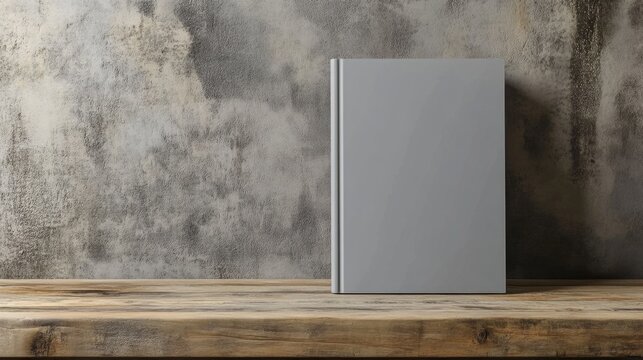 Minimalist gray book cover mockup on a wooden table with ample copy space for design projects