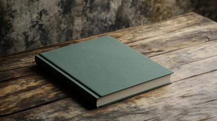 Blank green book cover on a wooden table, minimalist mockup for creative projects