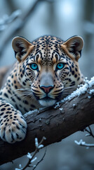 Fototapeta premium Majestic Leopard with Striking Blue Eyes in a Snowy Forest