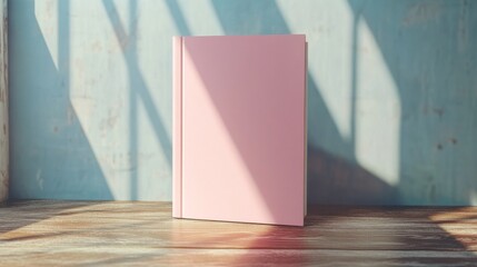 Blank pink book cover mockup displayed on a wooden table with soft light and shadows