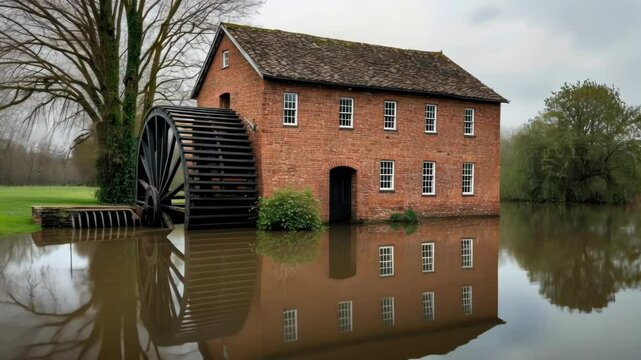 A serene watermill by a flooded landscape, featuring calm reflections under a cloudy sky, evoking tranquil rural charm