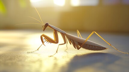 A realistic mantis resting on a smooth surface, with its striking features highlighted by soft natural light, ideal for a calm and minimalistic composition