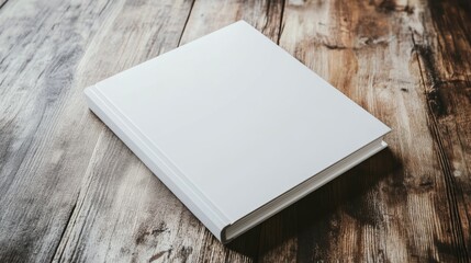 Fototapeta premium Minimalist blank white book cover mockup on wooden table with ample copy space for design
