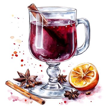 recommend clip art: Watercolor Illustration of Mulled Wine with Cinnamon Stick, Star Anise, Orange Slice and Spiced