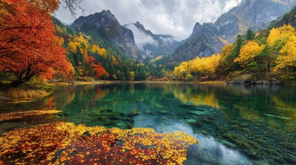 Majestic Autumn Mountain Lake Landscape with Vibrant Foliage Reflection