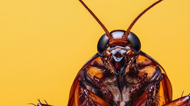 A close-up view of a cockroach perched on a light solid color background, highlighting its texture and color variations