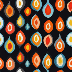 Colorful bold teardrop flat design seamless pattern in primary colors with black background