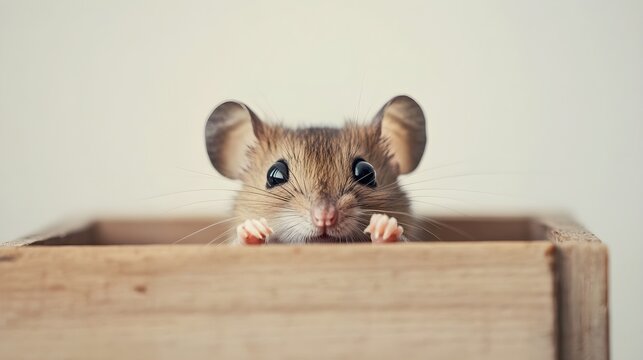 A curious little mouse peeking out from a small wooden box with a light cream background, showcasing its big round eyes and delicate whiskers