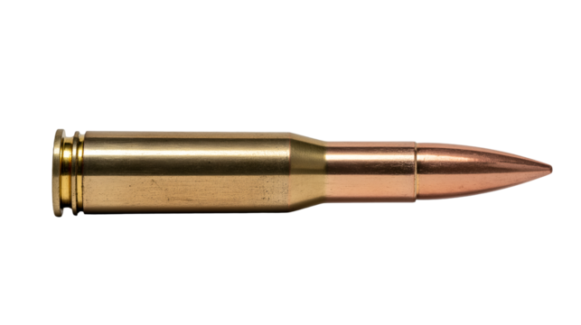 308 rifle bullet with copper jacketed lead core isolated background