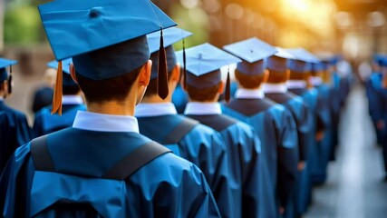 A group of graduates in blue gowns and caps walks together across a university campus, celebrating their achievements on a sunny spring day with family and friends nearby.