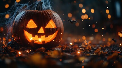 A jack-o'-lantern glows brightly amidst fallen leaves, dressed with cobwebs and accompanied by tiny bats, creating a festive Halloween atmosphere at night
