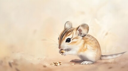 Obraz premium A playful desert rodent nibbling on a seed, its tiny paws grasping the food, set against a soft pastel background