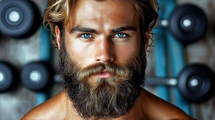 A fitness model demonstrates essential beard grooming techniques inside a home gym, focusing on style and maintenance. Discover practical tips for a great look.