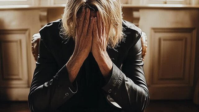 A man is seated in a softly illuminated room, displaying a moment of vulnerability with his head lowered and hands covering his face, evoking feelings of sadness and introspection.