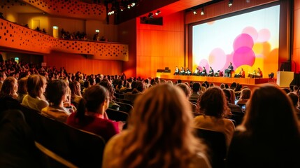 A lively panel discussion is held in a contemporary auditorium filled with an attentive audience. The stage features speakers engaging the crowd as the ambience is vibrant and focused