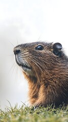 A profile view of a nutria rodent lounging on the grass, highlighting its distinctive features and soft fur, set against a light solid color background