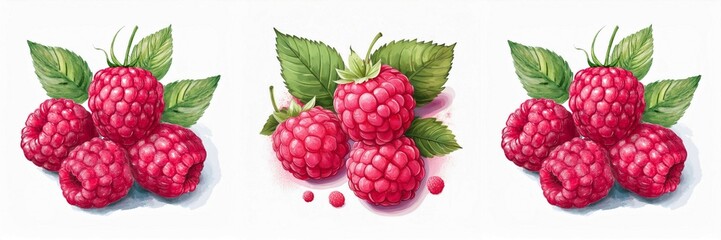Raspberries, watercolor painting style illustration. Vector set.