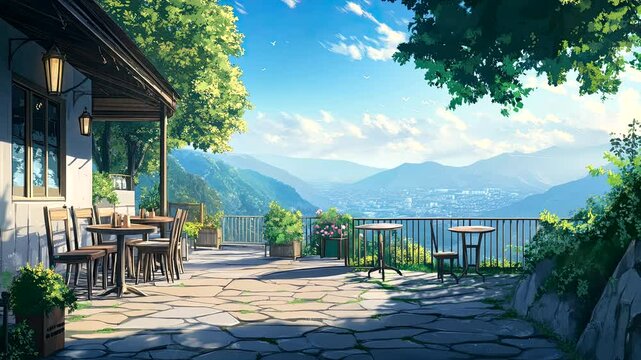 Charming outdoor caf&eacute; terrace with mountain views under a bright sunny sky. Seamless looping 4k time-lapse video background