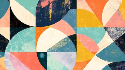 Geometric shapes intermingled in a colorful collage, providing a creative backdrop with a light solid color