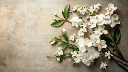 A collection of white flowers and green leaves arranged neatly on a textured background, highlighting the beauty of nature during the spring season