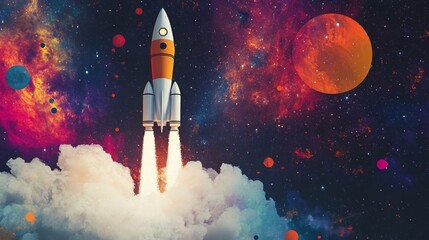 Fototapeta premium A rocket ascends through colorful galaxies and stars, leaving white smoke in its wake