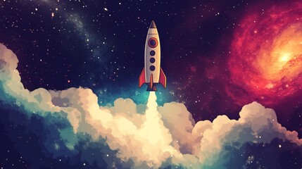 Naklejka premium A colorful rocket soars through space leaving a trail of smoke against a backdrop of stars